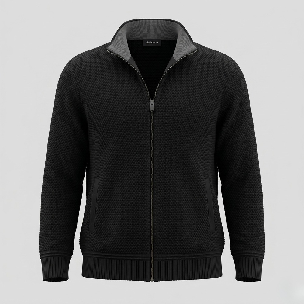 Claiborne Sweater Mens 2XLT Black Full Zip Cardigan Textured‎ Cotton Mock Neck